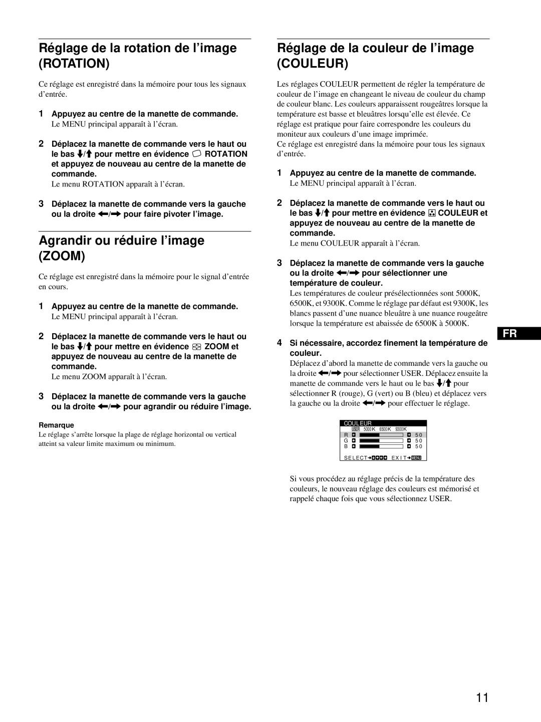 Sony CPD-E100 manual Réglage de la rotation de l’image Rotation, Agrandir ou réduire l’image Zoom 