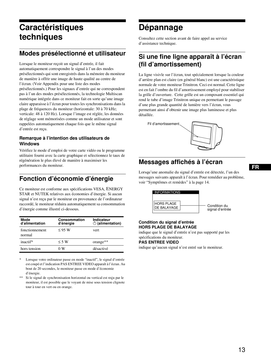 Sony CPD-E100 manual Caractéristiques techniques, Dépannage 