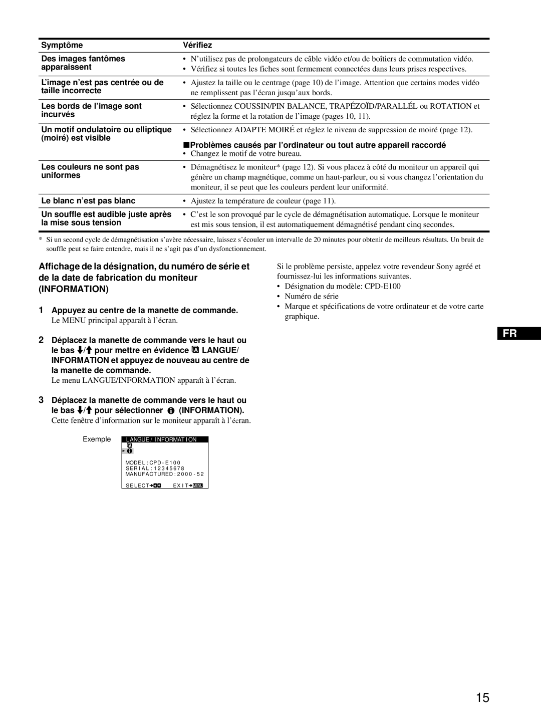 Sony CPD-E100 manual Symptôme Vérifiez Des images fantômes, Apparaissent, ’image n’est pas centrée ou de, Taille incorrecte 