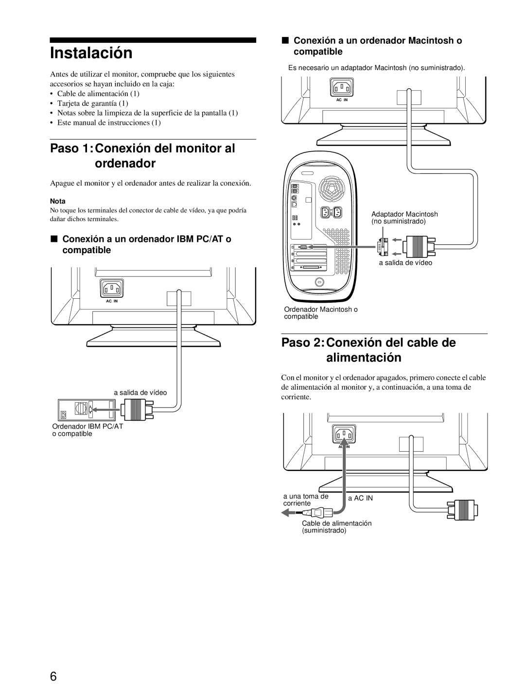 Sony CPD-E100 manual Instalación, Paso 1 Conexión del monitor al ordenador, Paso 2 Conexión del cable de alimentación 