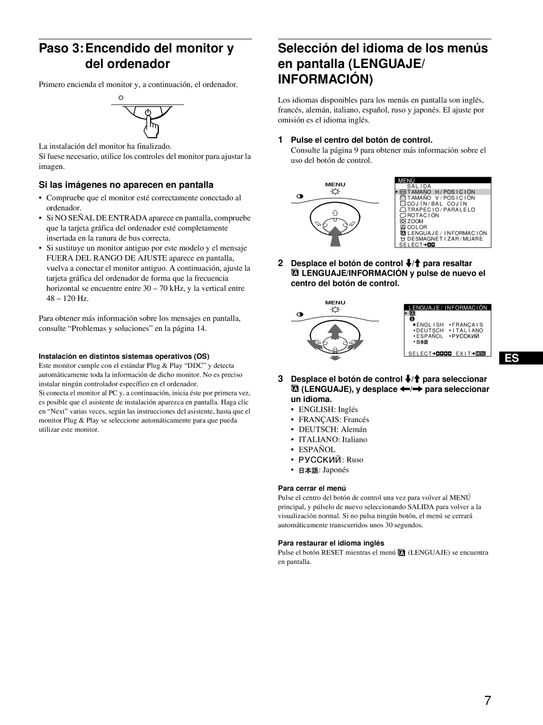 Sony CPD-E100 manual Paso 3 Encendido del monitor y del ordenador, Selección del idioma de los menús en pantalla Lenguaje 