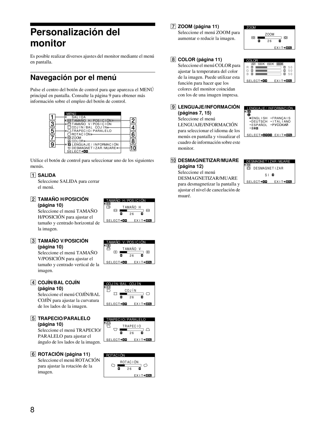 Sony CPD-E100 manual Personalización del monitor, Navegación por el menú 