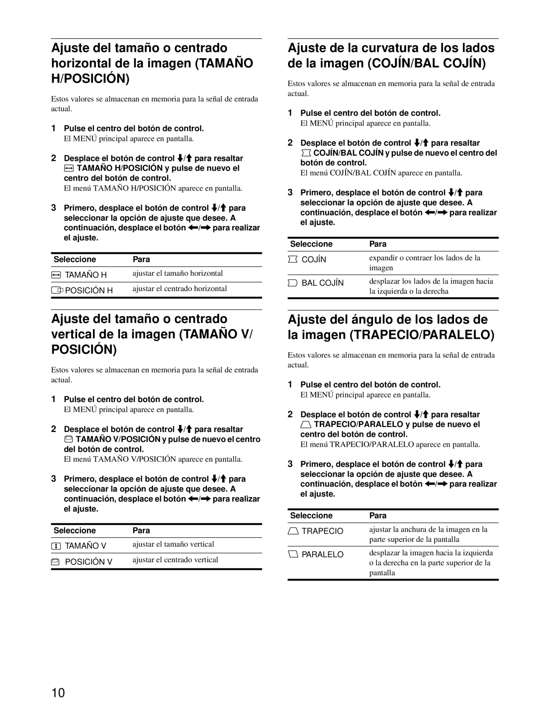 Sony CPD-E100 manual Posición, Pulse el centro del botón de control 