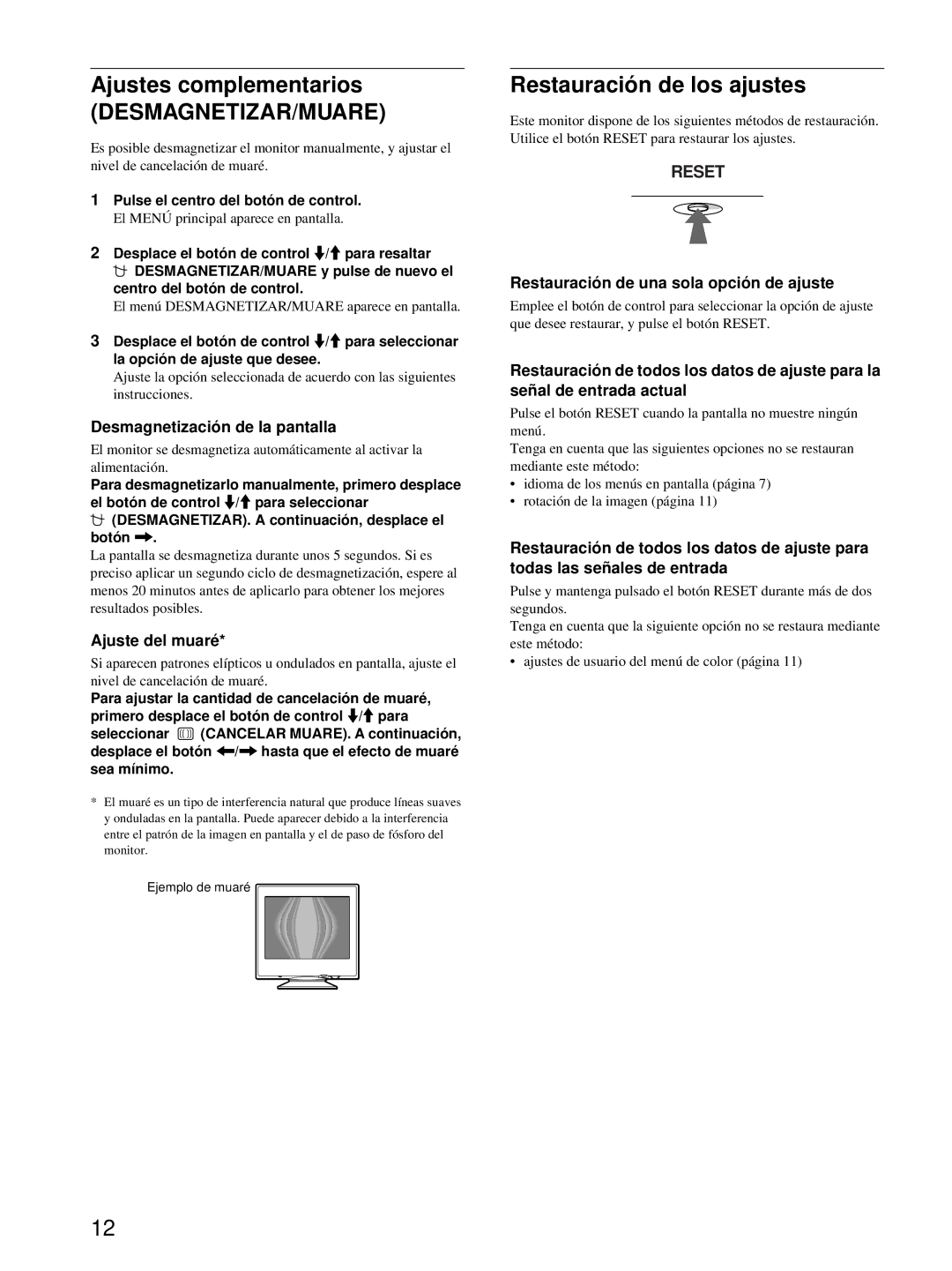 Sony CPD-E100 manual Ajustes complementarios, Desmagnetizar/Muare, Restauración de los ajustes 