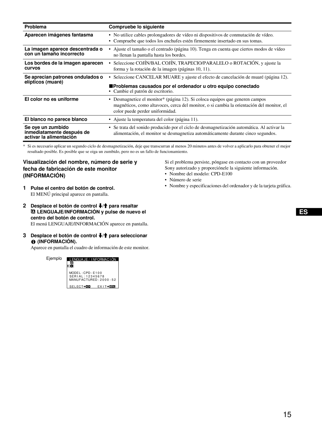 Sony CPD-E100 manual Problema Compruebe lo siguiente Aparecen imágenes fantasma, La imagen aparece descentrada o, Curvos 