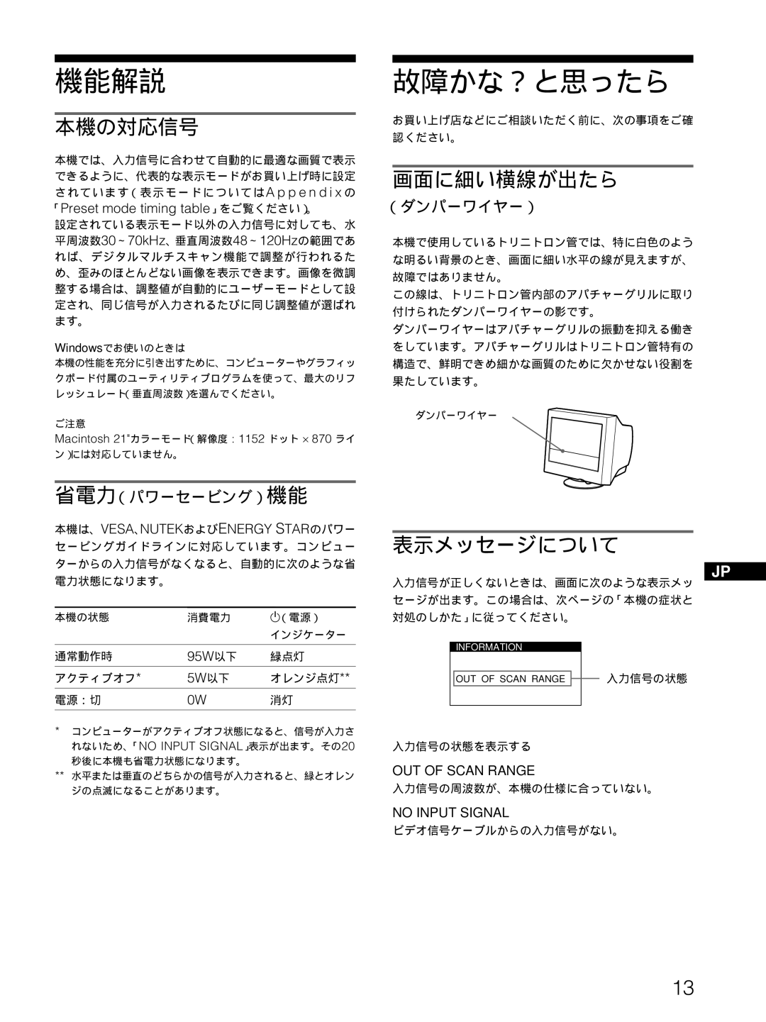 Sony CPD-E100 manual 本機の対応信号, 画面に細い横線が出たら, 表示メッセージについて 