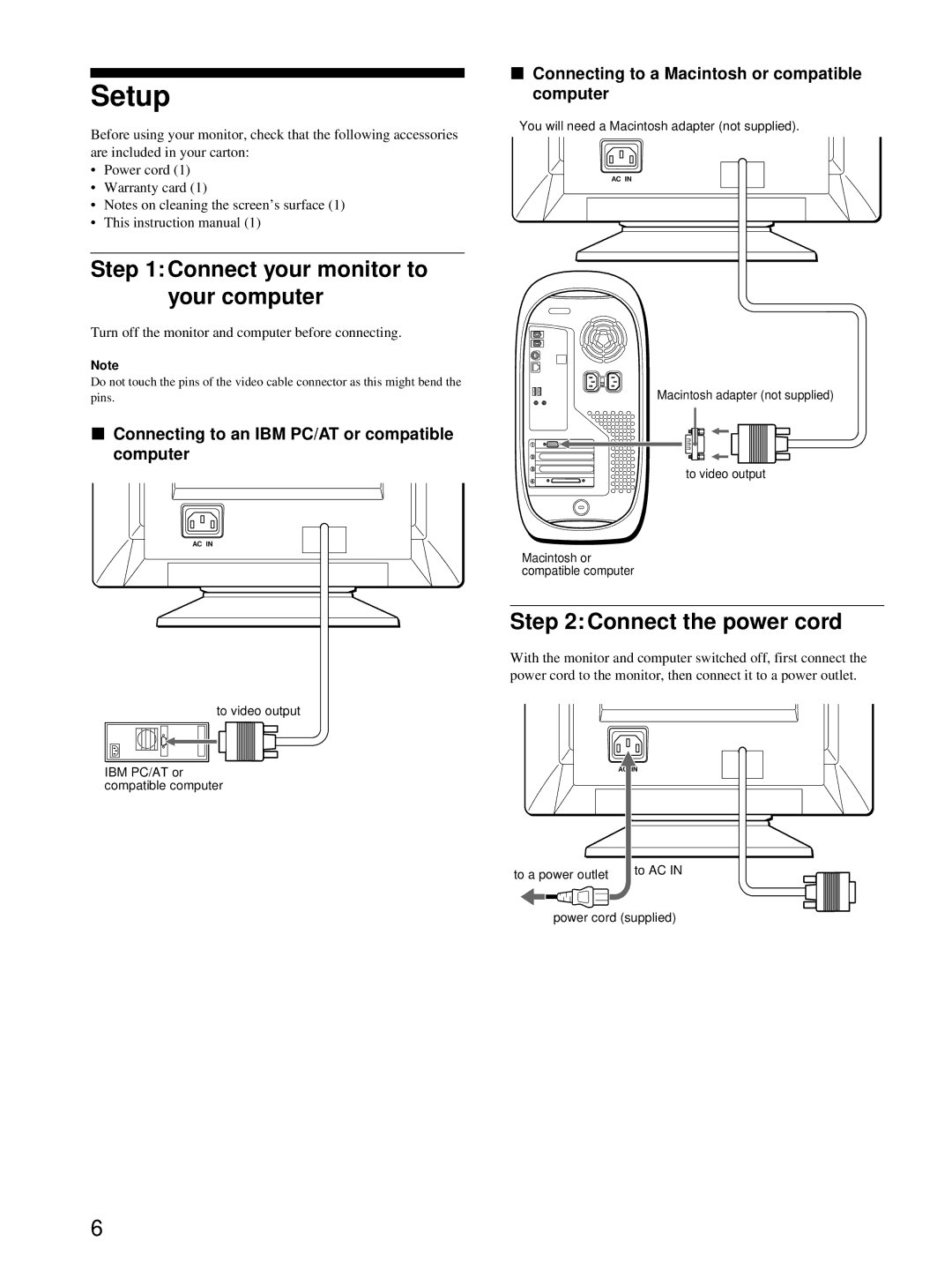 Sony CPD-E100 manual Setup, Connect your monitor to your computer, Connect the power cord 