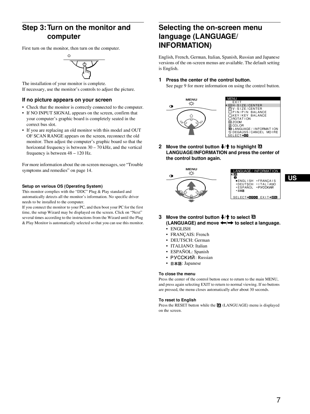 Sony CPD-E100 manual Turn on the monitor and computer, Selecting the on-screen menu language Language, Information 