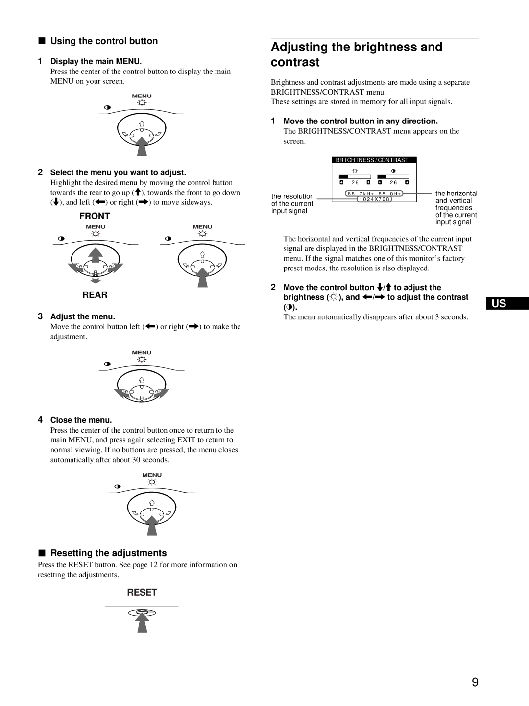 Sony CPD-E100 manual Adjusting the brightness and contrast 