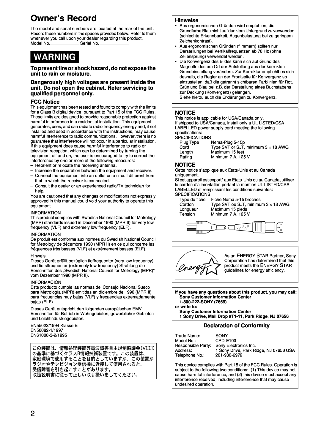 Sony CPD-E100 manual FCC Notice, Hinweise, Owner’s Record 
