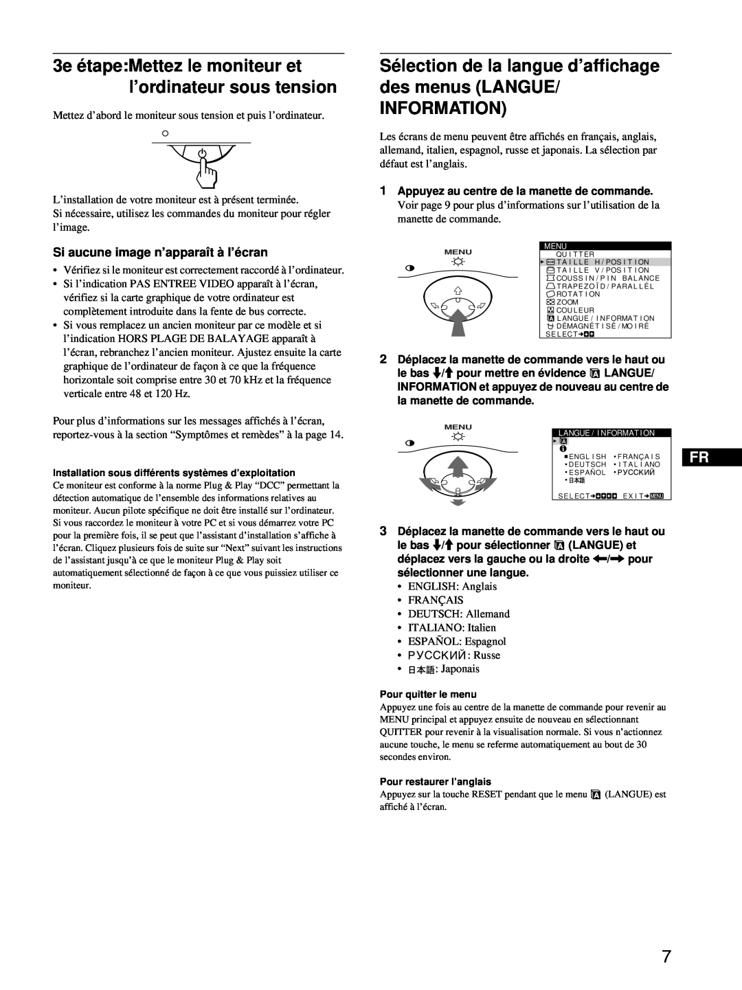 Sony CPD-E100 manual Sélection de la langue d’affichage des menus LANGUE INFORMATION, Si aucune image n’apparaît à l’écran 