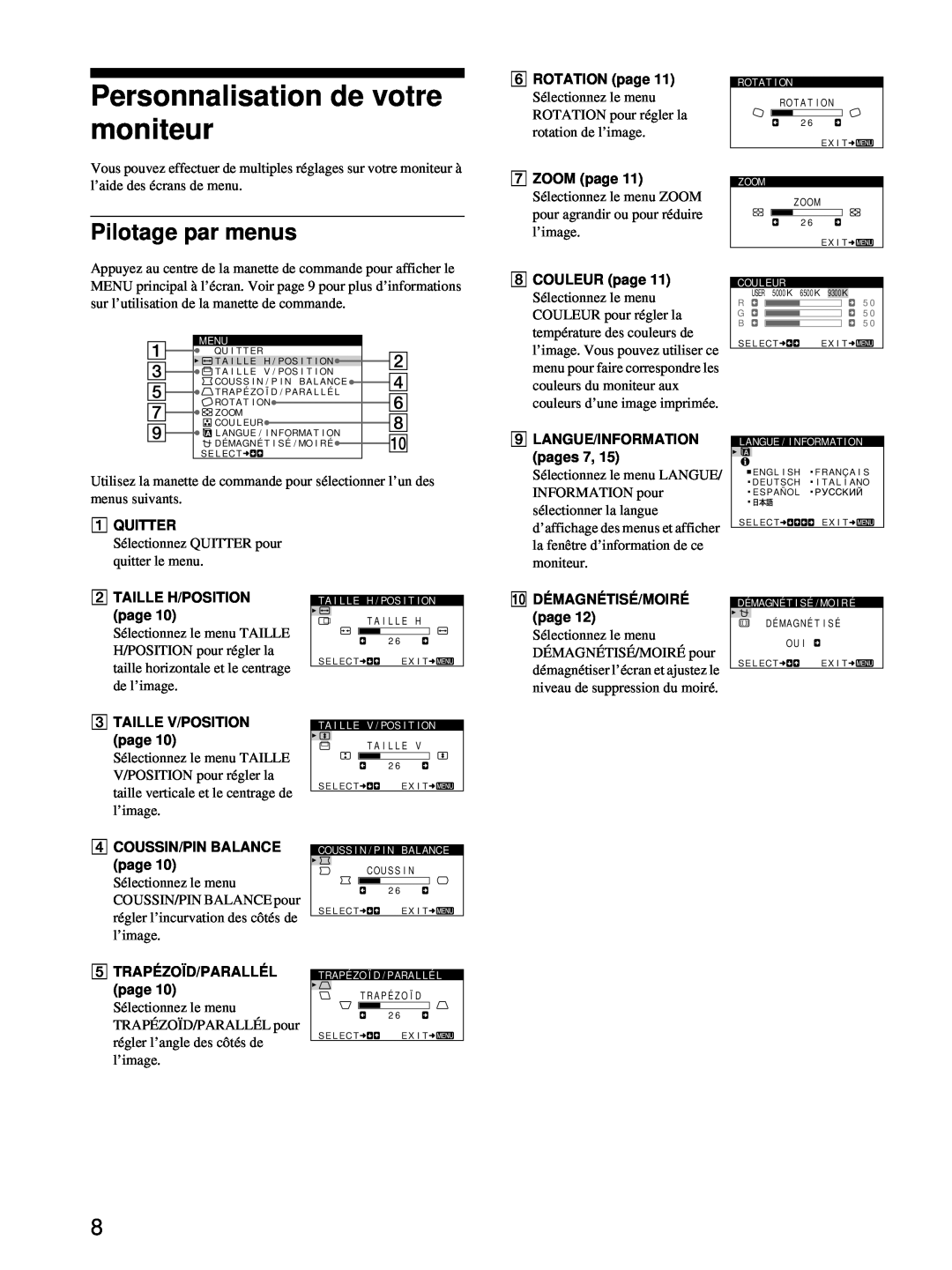 Sony CPD-E100 manual Personnalisation de votre moniteur, Pilotage par menus 