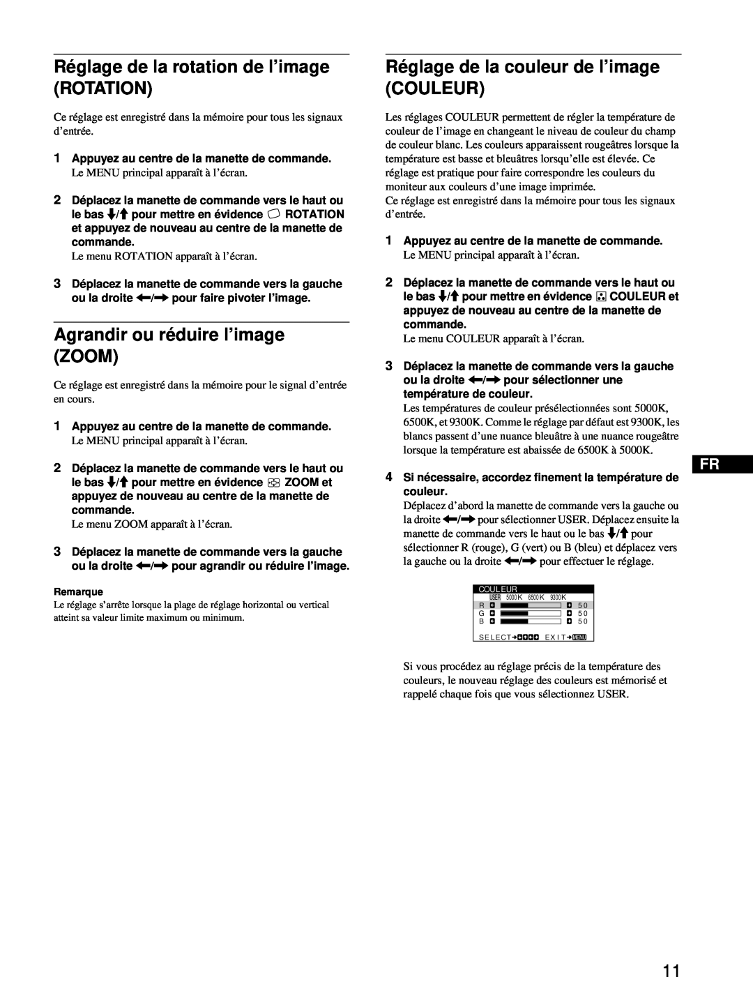 Sony CPD-E100 manual Réglage de la rotation de l’image ROTATION, Agrandir ou réduire l’image ZOOM 
