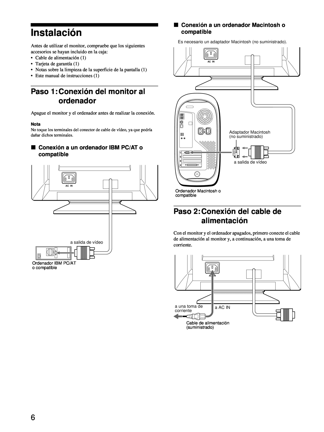 Sony CPD-E100 manual Instalación, Paso 1 Conexión del monitor al ordenador, Paso 2 Conexión del cable de alimentación 