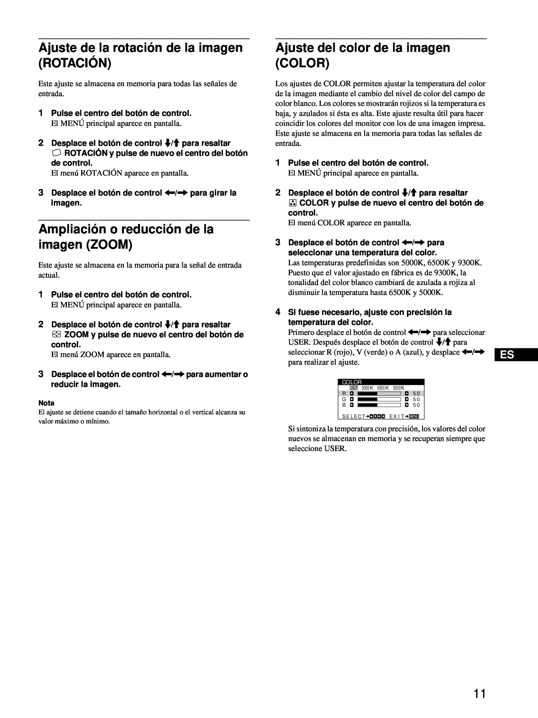 Sony CPD-E100 manual Ajuste de la rotación de la imagen ROTACIÓN, Ampliación o reducción de la imagen ZOOM 