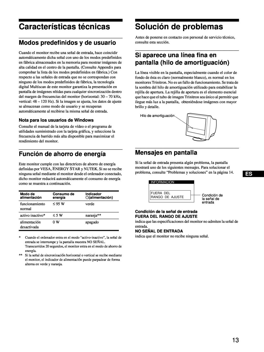 Sony CPD-E100 manual Características técnicas, Solución de problemas, Modos predefinidos y de usuario, Mensajes en pantalla 