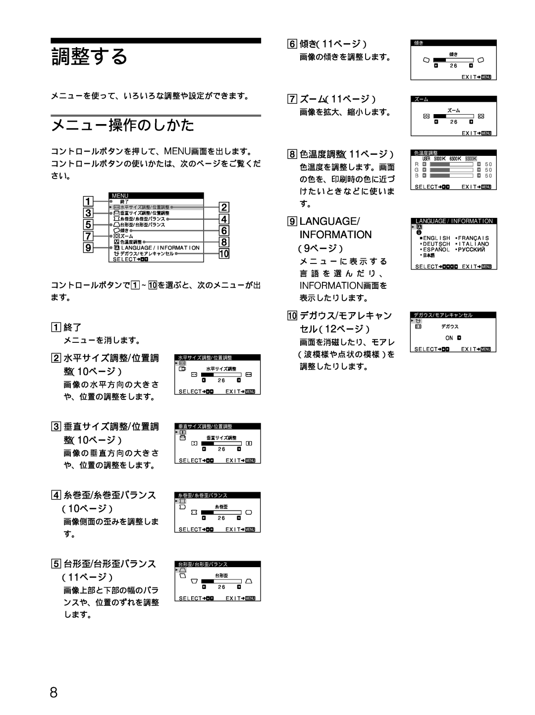 Sony CPD-E100 manual 調整する, メニュー操作のしかた, Language Information, Information画面を 