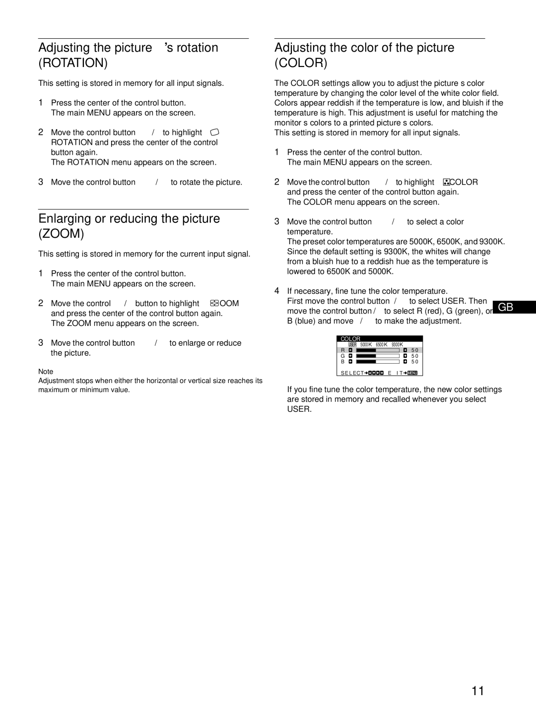 Sony CPD-E100P operating instructions Adjusting the picture’s rotation Rotation, Enlarging or reducing the picture Zoom 