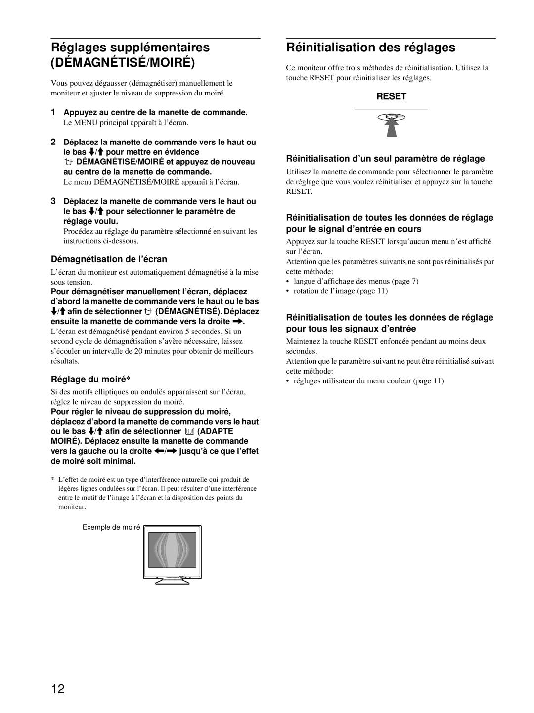 Sony CPD-E100P operating instructions Ré glages supplé mentaires, DÉ Magné Tisé /MOIRÉ, Ré initialisation des ré glages 