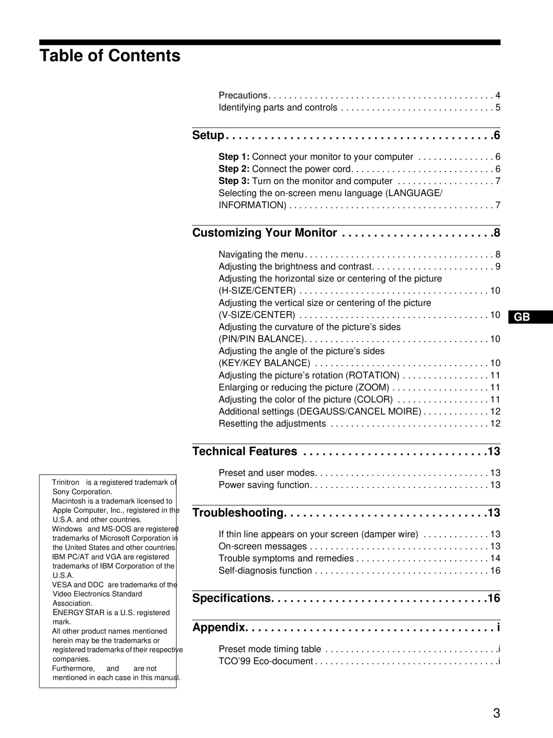 Sony CPD-E100P operating instructions Table of Contents 