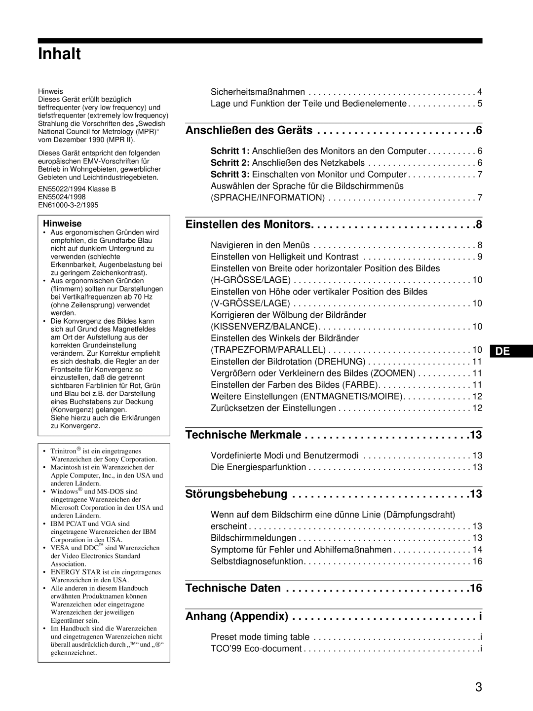 Sony CPD-E100P operating instructions Inhalt, Hinweise 