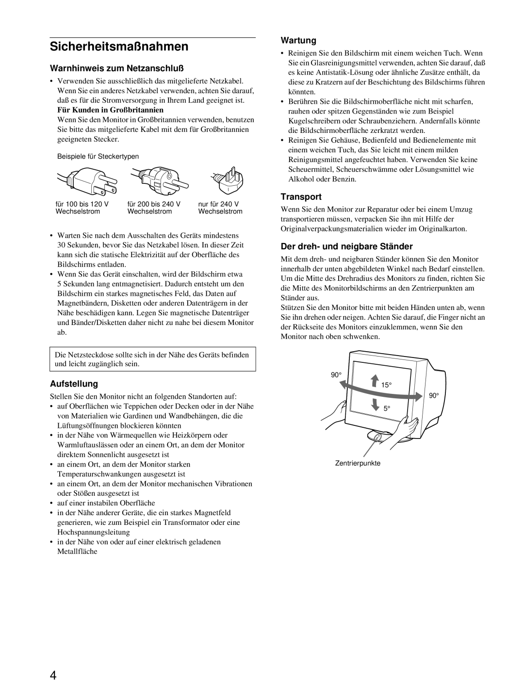 Sony CPD-E100P Sicherheitsmaßnahmen, Warnhinweis zum Netzanschluß, Aufstellung, Wartung, Der dreh- und neigbare Ständer 