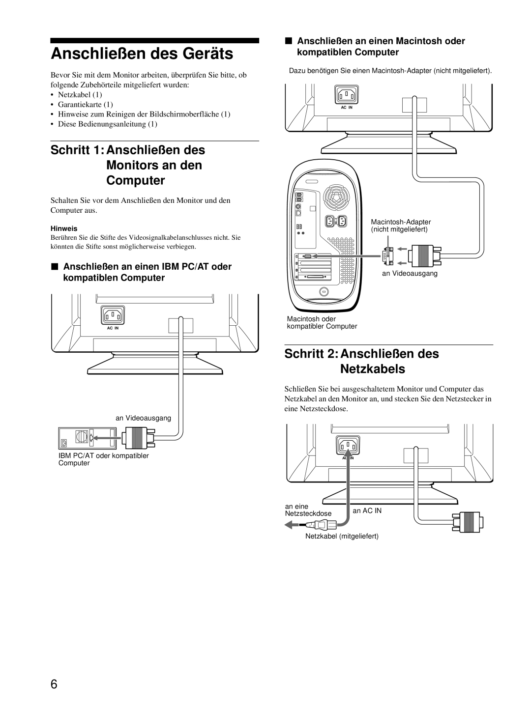 Sony CPD-E100P operating instructions Anschließen des Gerä ts, Schritt 1 Anschließen des Monitors an den Computer 