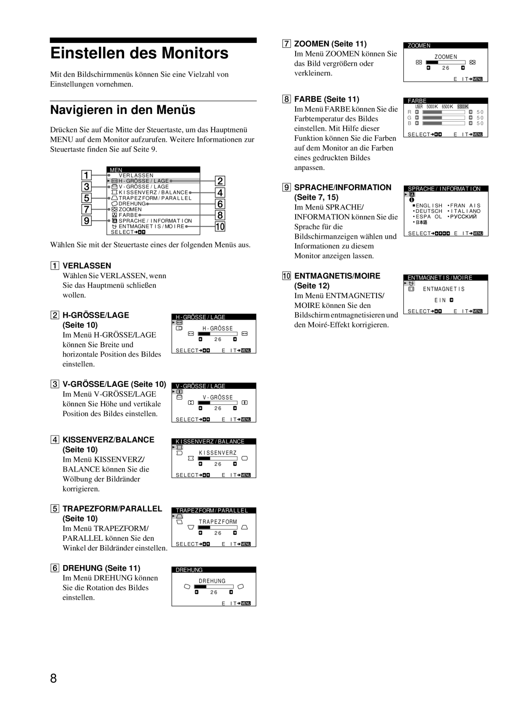 Sony CPD-E100P operating instructions Einstellen des Monitors, Navigieren in den Menü s 