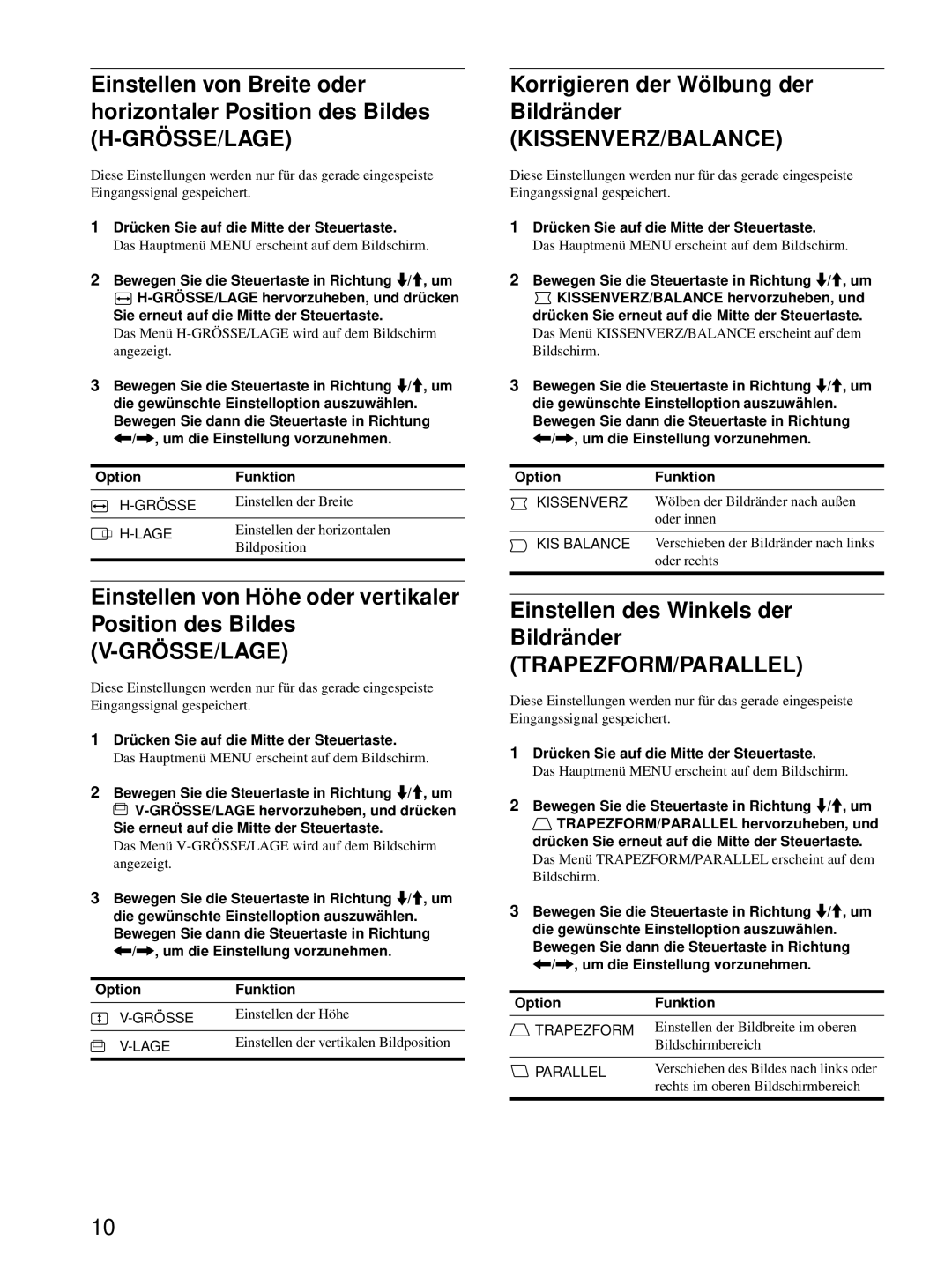 Sony CPD-E100P operating instructions Grö Sse/Lage, Kissenverz/Balance, Trapezform/Parallel 