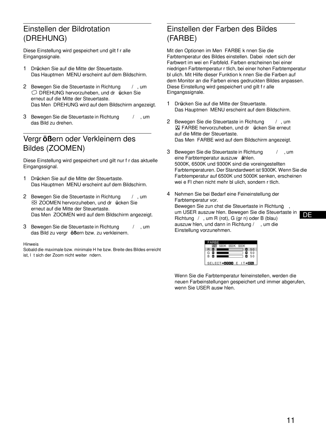 Sony CPD-E100P operating instructions Einstellen der Bildrotation Drehung, Vergröß ern oder Verkleinern des Bildes Zoomen 