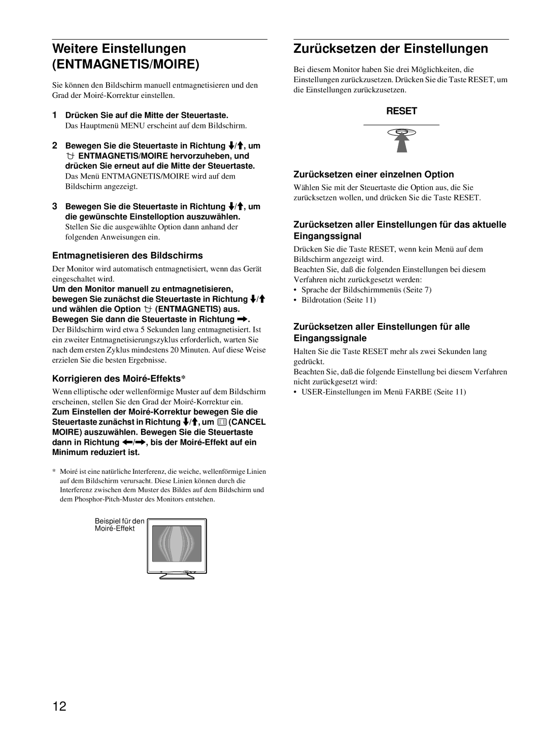 Sony CPD-E100P operating instructions Weitere Einstellungen, Entmagnetis/Moire, Zurü cksetzen der Einstellungen 