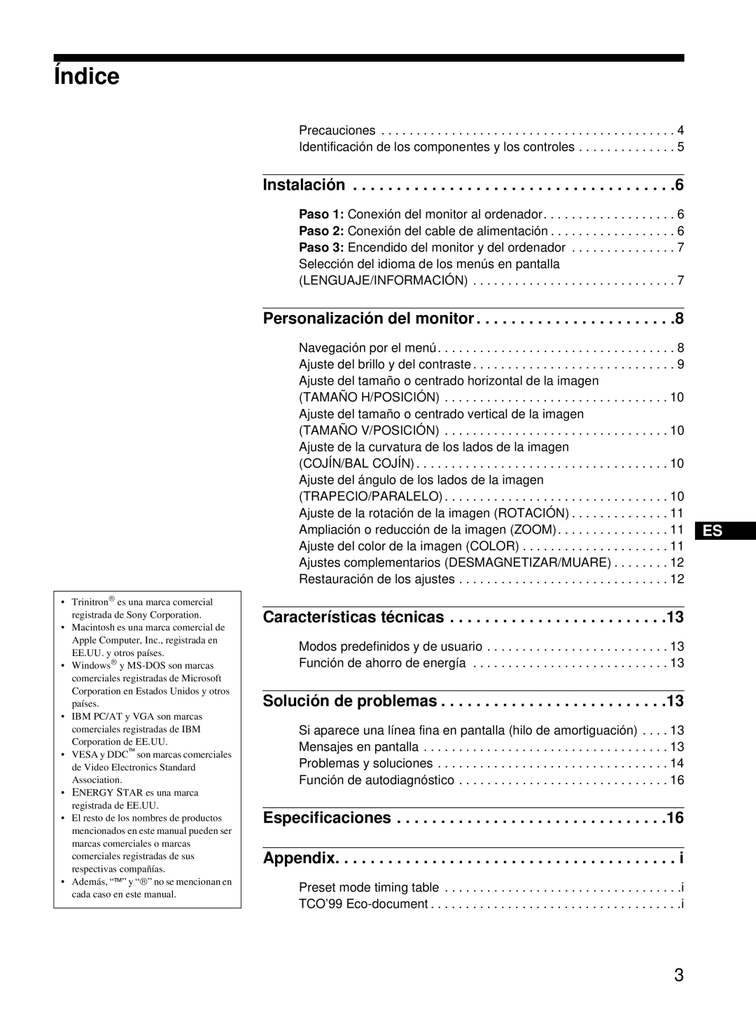 Sony CPD-E100P operating instructions Índice, Instalación 