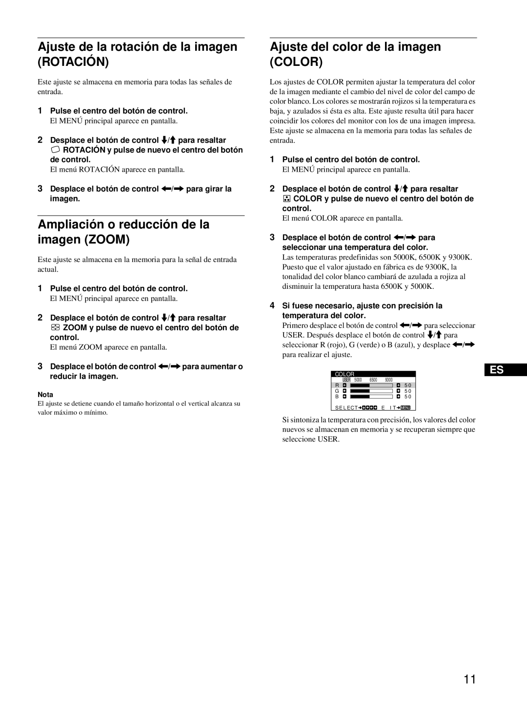 Sony CPD-E100P Ajuste de la rotació n de la imagen Rotació N, Ampliació n o reducció n de la imagen Zoom 