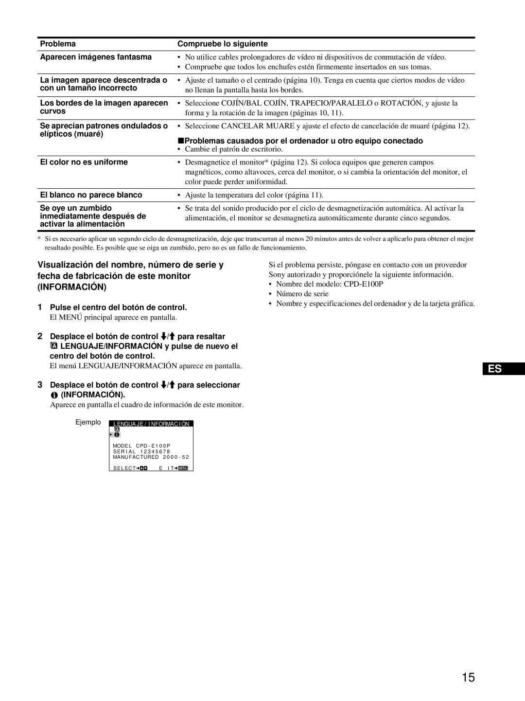 Sony CPD-E100P Problema Compruebe lo siguiente Aparecen imá genes fantasma, La imagen aparece descentrada o, Curvos 