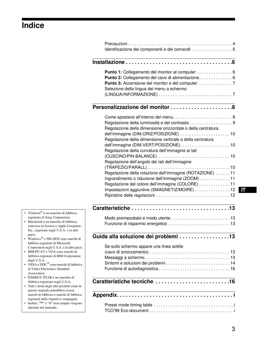 Sony CPD-E100P operating instructions Indice, Installazione 