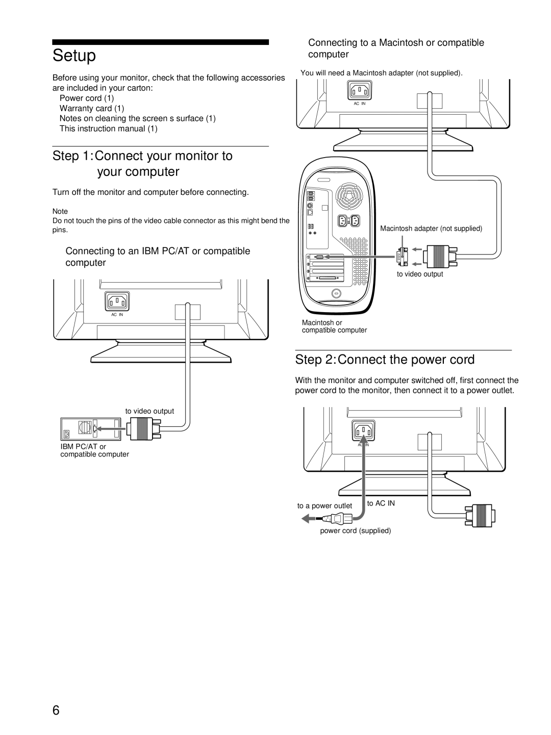 Sony CPD-E100P operating instructions Setup, Connect your monitor to your computer, Connect the power cord 