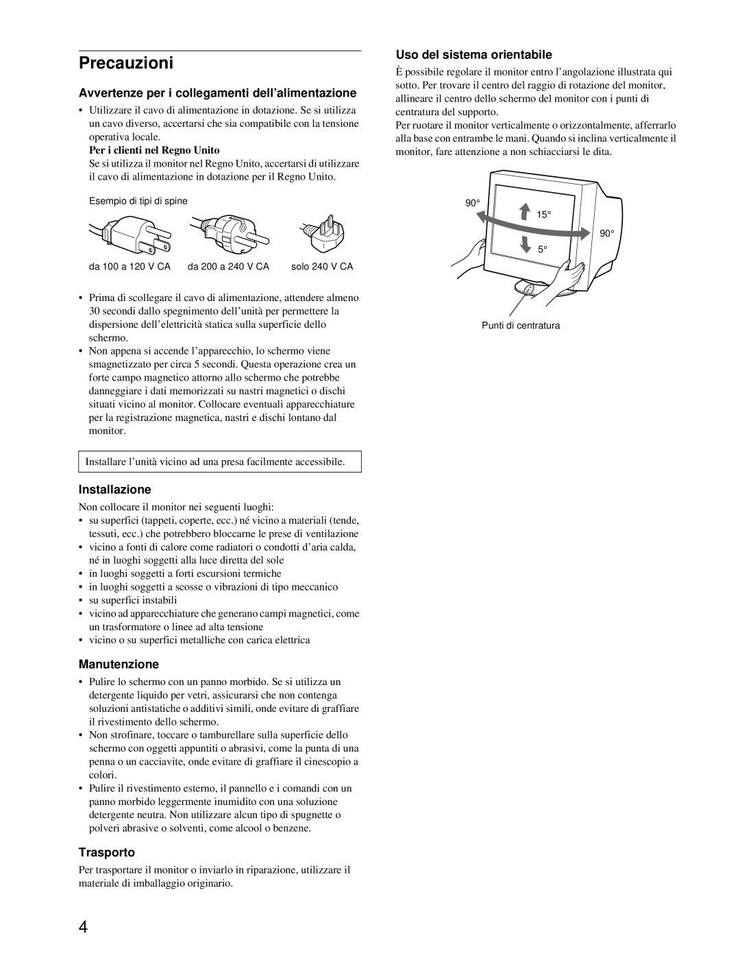 Sony CPD-E100P operating instructions Precauzioni 