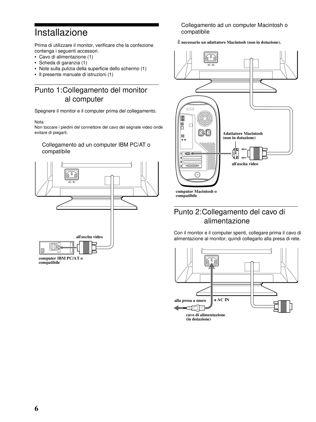 Sony CPD-E100P Installazione, Punto 1Collegamento del monitor al computer, Punto 2Collegamento del cavo di alimentazione 