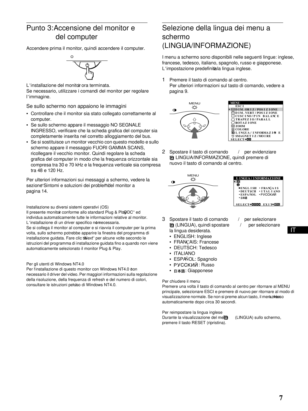 Sony CPD-E100P Punto 3Accensione del monitor e del computer, Selezione della lingua dei menu a schermo 