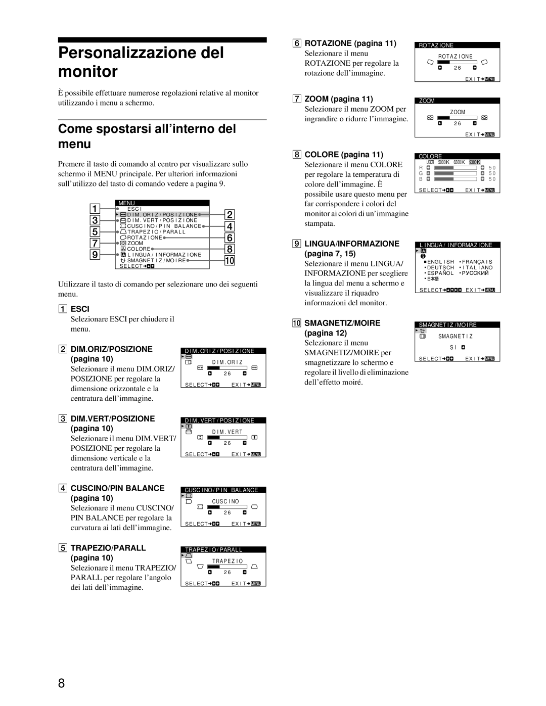 Sony CPD-E100P operating instructions Personalizzazione del monitor, Come spostarsi all’interno del menu 