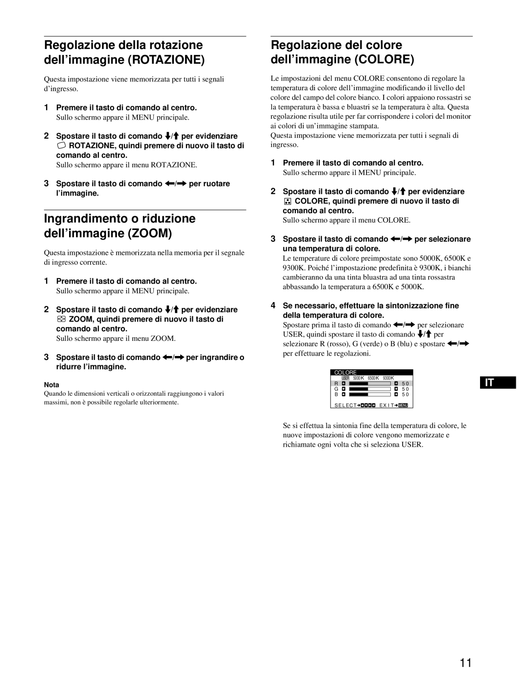 Sony CPD-E100P operating instructions Regolazione del colore dell’immagine Colore, Sullo schermo appare il menu Rotazione 