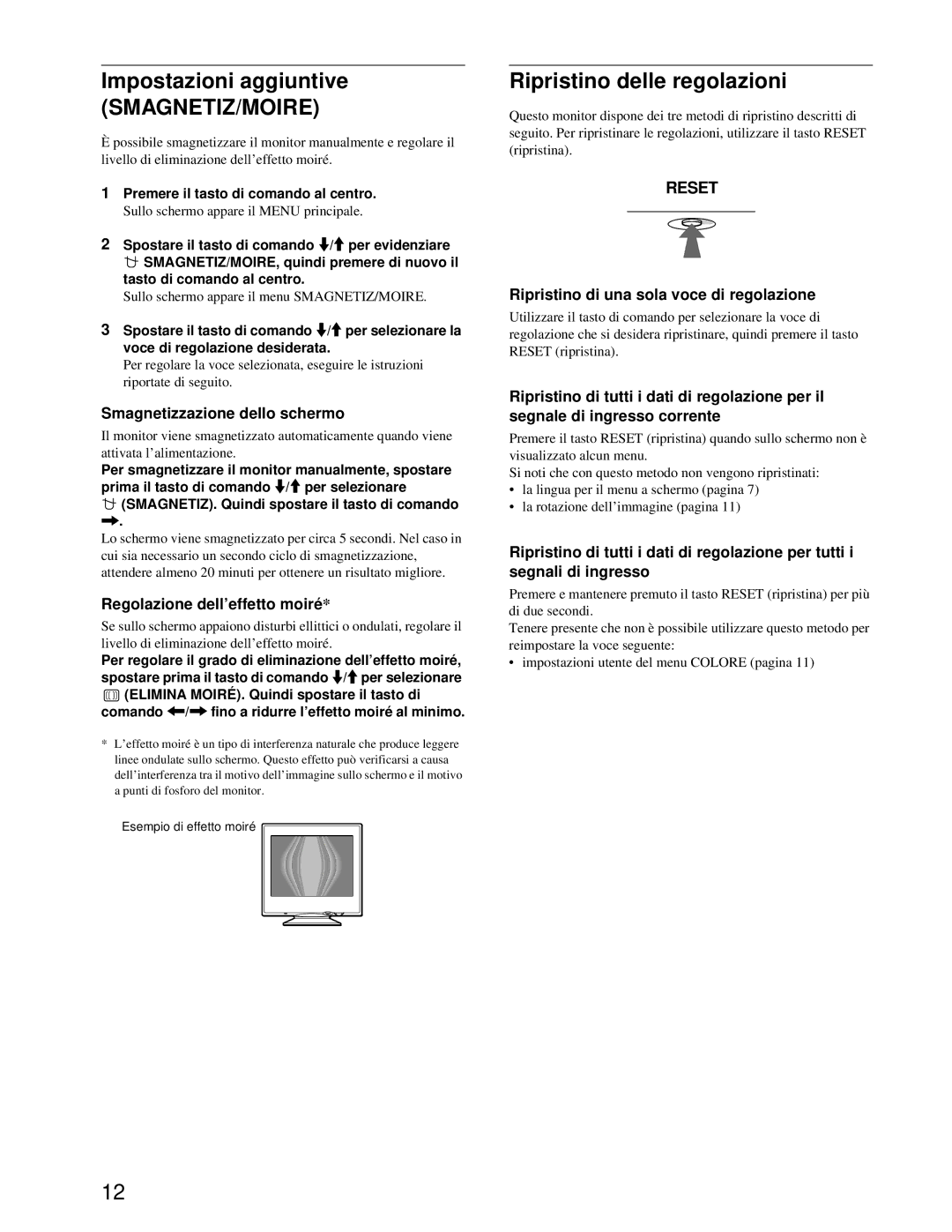 Sony CPD-E100P operating instructions Impostazioni aggiuntive, Smagnetiz/Moire, Ripristino delle regolazioni 