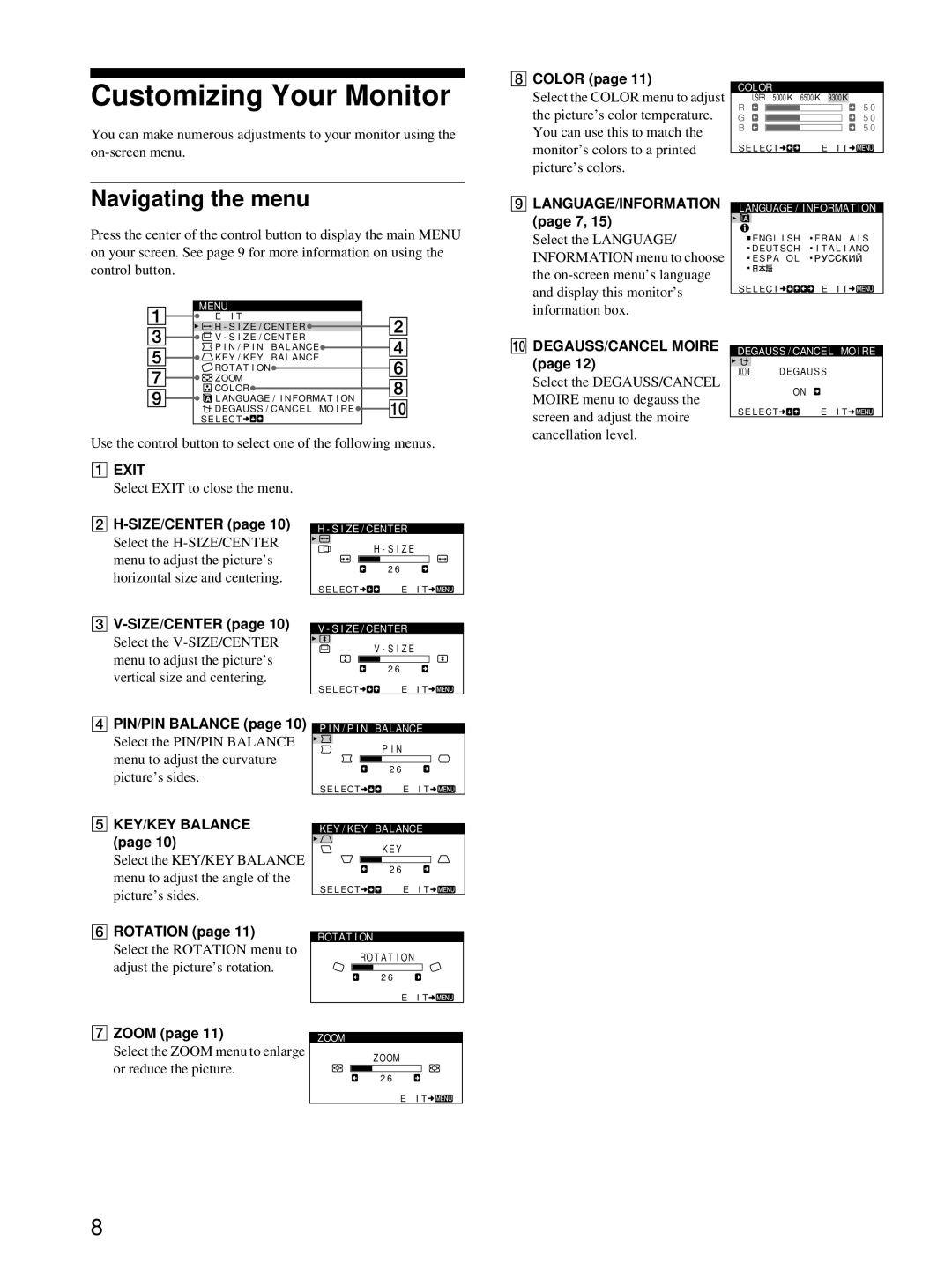 Sony CPD-E100P operating instructions Customizing Your Monitor, Navigating the menu 