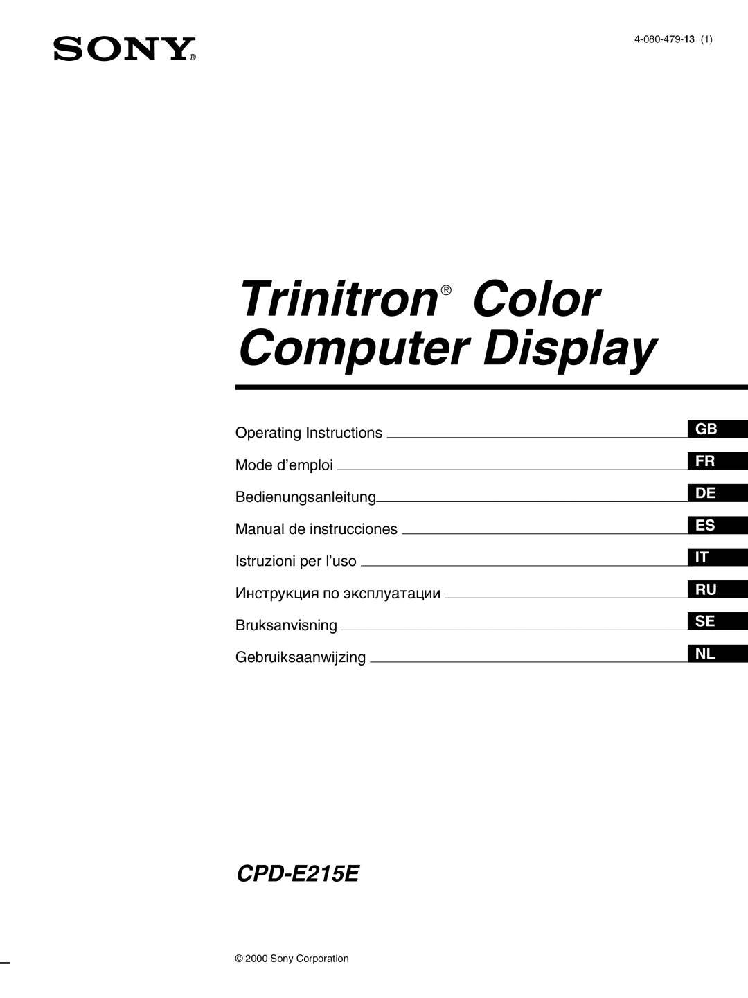 Sony CPD-E215E manual Trinitronâ Color Computer Display 