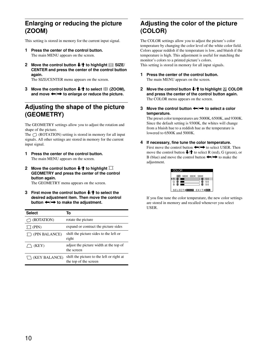 Sony CPD-E215E manual Enlarging or reducing the picture Zoom, Adjusting the shape of the picture Geometry 