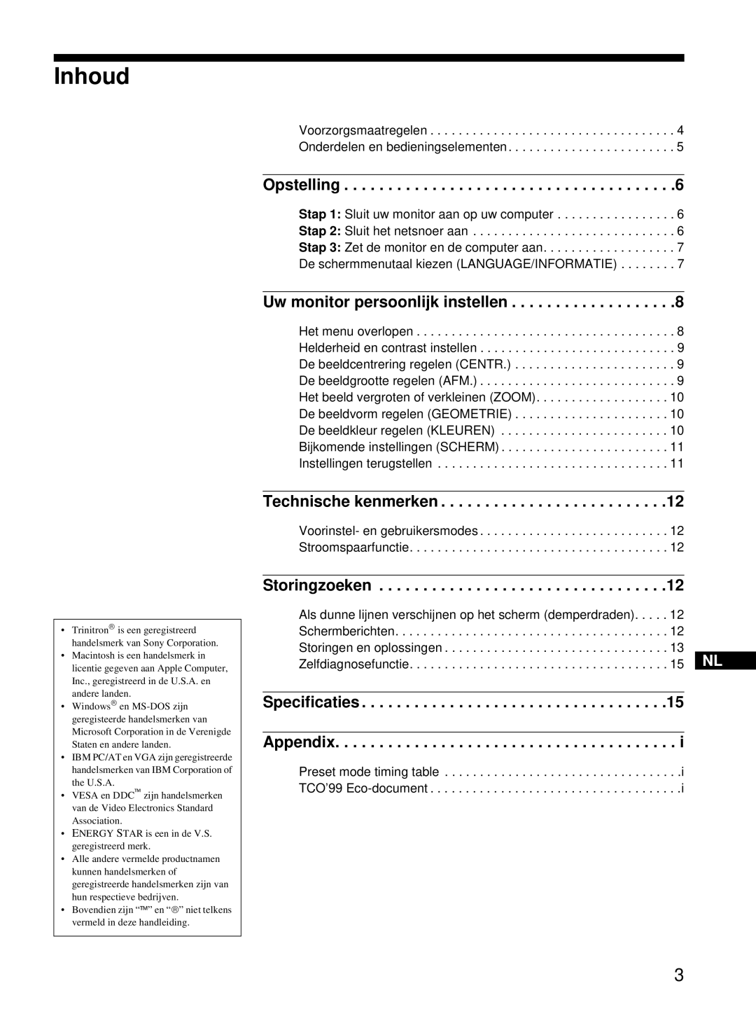 Sony CPD-E215E manual Inhoud, Opstelling 