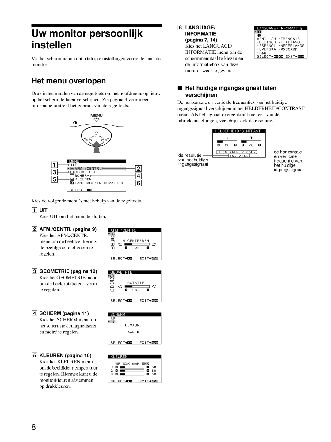 Sony CPD-E215E manual Uw monitor persoonlijk instellen, Het menu overlopen, Het huidige ingangssignaal laten verschijnen 