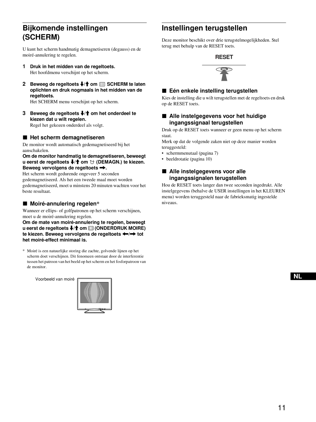 Sony CPD-E215E manual Bijkomende instellingen Scherm, Instellingen terugstellen, Het scherm demagnetiseren 