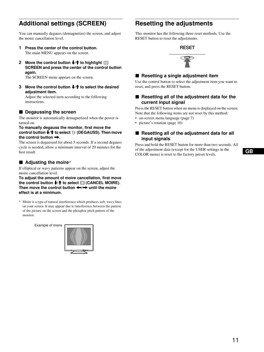 Sony CPD-E215E manual Additional settings Screen, Resetting the adjustments 