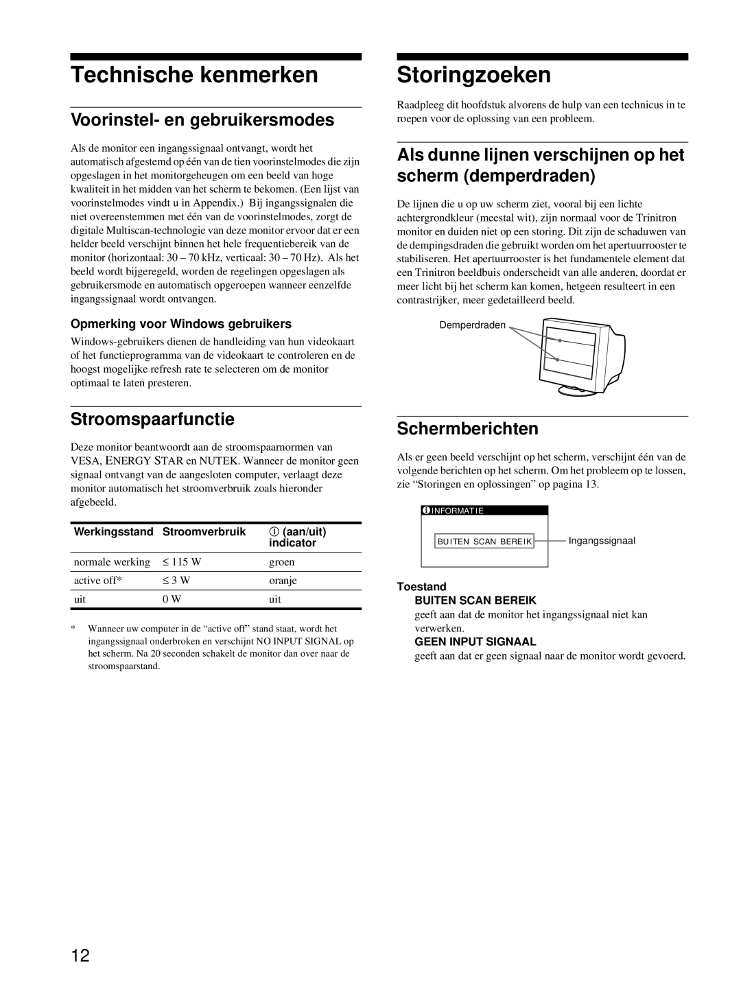 Sony CPD-E215E manual Technische kenmerken, Storingzoeken 